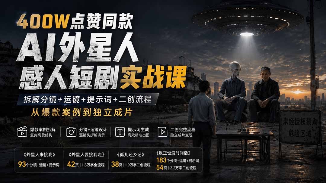 （20052期）400W点赞同款AI外星人感人短剧实战课：拆解分镜+运镜+提示词+二创流程，从爆款案例到独立成片-九节课