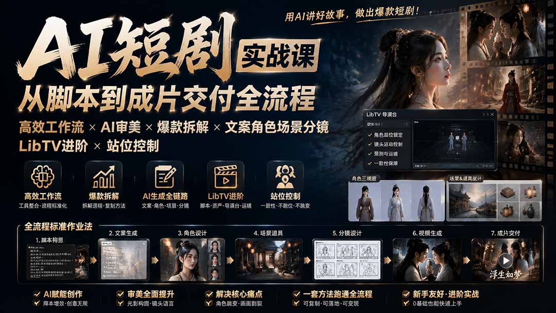（19717期）AI短剧实战课：高效工作流×AI审美×爆款拆解×文案角色场景分镜×LibTV进阶×站位控制×从脚本到成片交付全流程-九节课