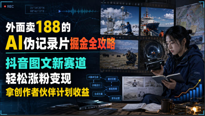 外面卖188的AI伪记录片掘金全攻略，抖音图文新赛道，轻松涨粉变现，拿创作者伙伴计划收益【文档】-九节课