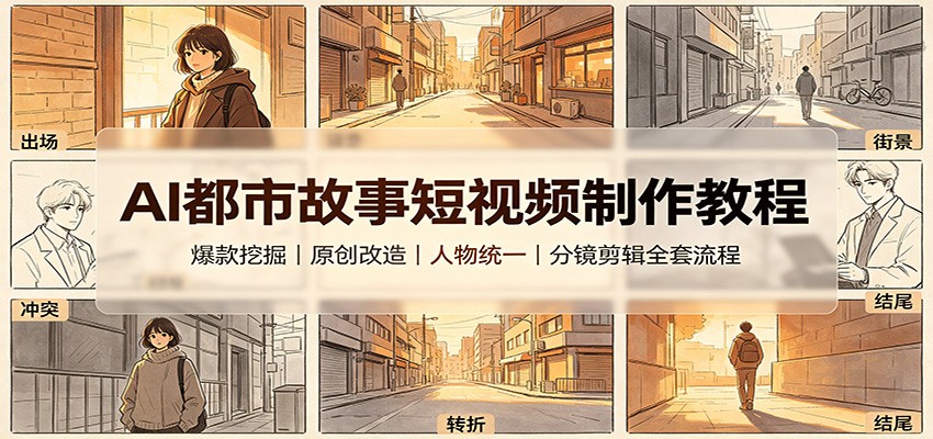AI都市故事短视频制作教程：爆款挖掘原创改造，人物统一分镜剪辑全套流程-九节课