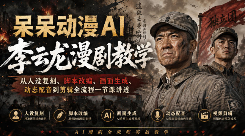 呆呆动漫AI李云龙漫剧教学，从人设复刻、脚本改编、画面生成、动态配音到剪辑全流程一节课讲透-九节课