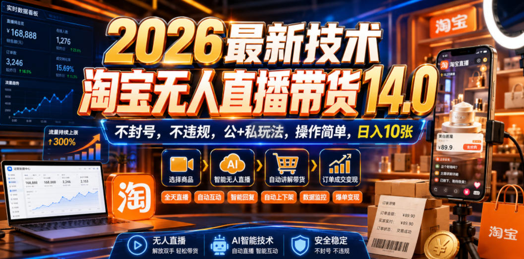 2026最新技术，淘宝无人直播带货14.0，不封号，不违规，公+私玩法，操作简单，日入10张【揭秘】-九节课