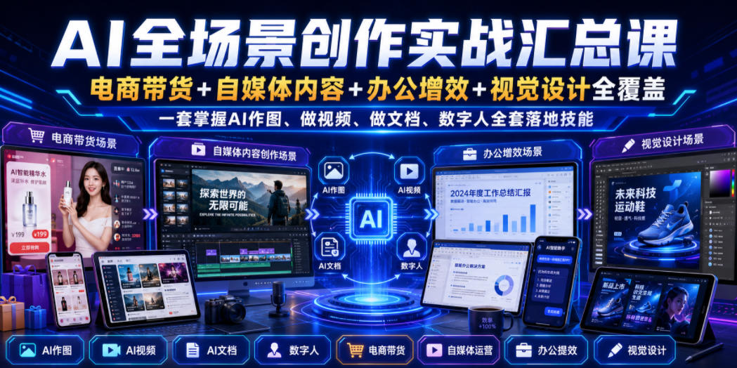 AI全场景创作实战汇总课｜电商带货+自媒体内容+办公增效+视觉设计全覆盖，一套掌握AI作图、做视频、做文档、数字人全套落地技能-九节课