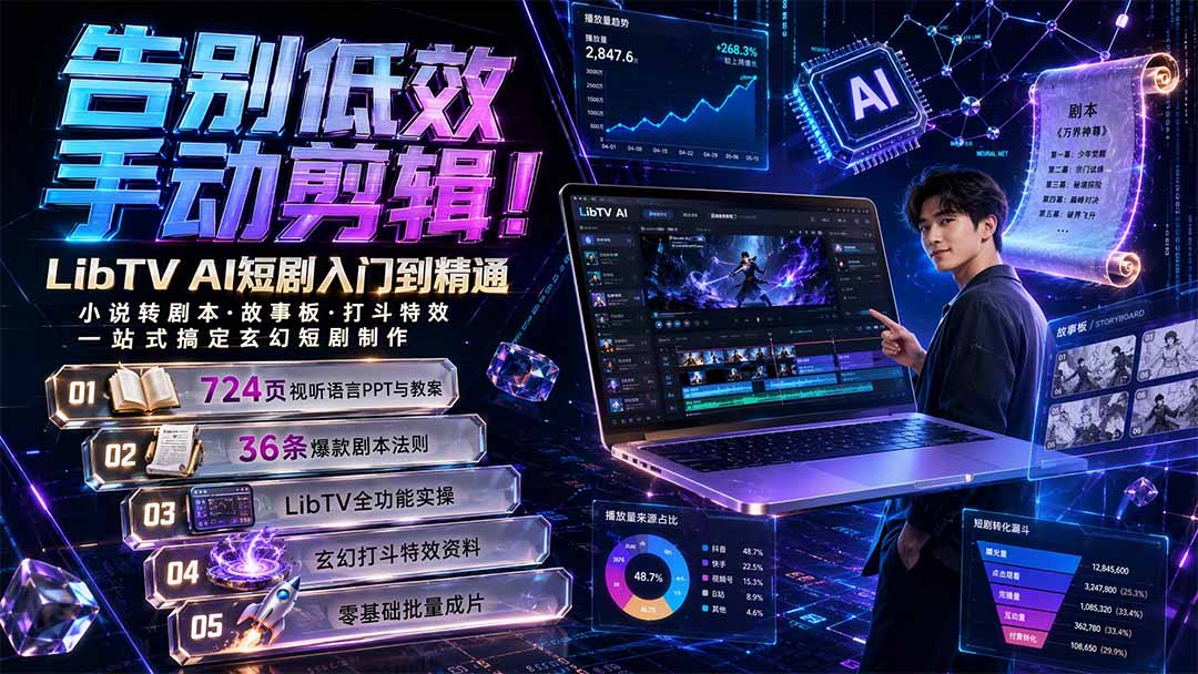 （19678期）告别低效手动剪辑！LibTV AI短剧入门到精通，小说转剧本方法，故事板打斗特效一站式搞定玄幻短剧制作-九节课