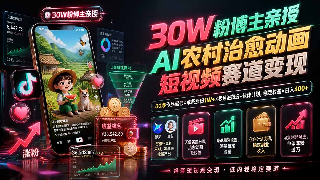 （19648期）30W粉博主亲授AI农村治愈动画短视频赛道变现：60条作品起号×单条涨粉1W+×极易进精选+伙伴计划，稳定收益×日入400+-九节课