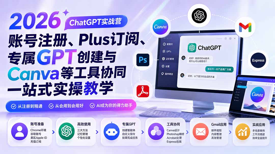 （19924期）2026 ChatGPT实战营；账号注册、Plus订阅、专属GPT创建与Canva等工具协同一站式实操教学-九节课