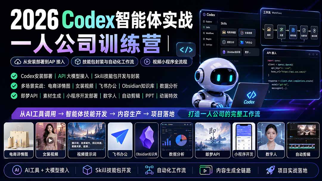 （19876期）2026Codex智能体实战｜一人公司训练营｜从安装部署到API接入｜技能包封装与自动化工作流｜视频小程序全流程-九节课