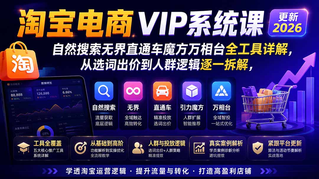 (20035期)淘宝电商VIP系统课-更新8月;自然搜索无界直通车魔方万相台全工具详解,从选词出价到人群逻辑逐一拆解-九节课