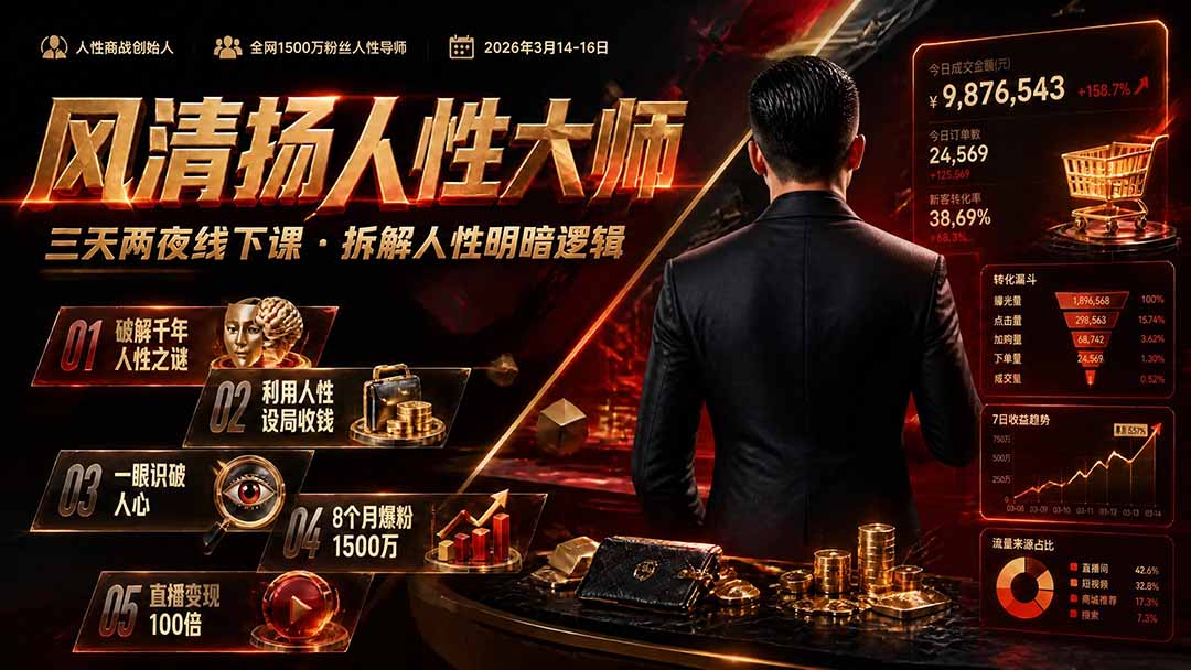 （19676期）风清扬人性大师-三天两夜3月14-16线下课2026年｜拆解人性明暗逻辑，识人避坑，千万粉涨粉+直播百倍变现实战教学-九节课