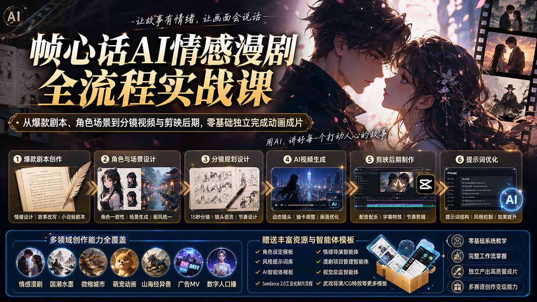(20036期)帧心话AI情感漫剧全流程实战课:从爆款剧本、角色场景到分镜视频与剪映后期,零基础独立完成动画成片-九节课