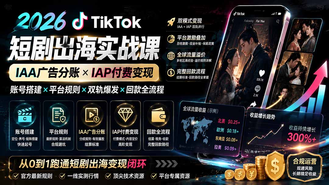 （19740期）2026TikTok短剧出海实战课：IAA广告分账×IAP付费变现×账号搭建×平台规则×双轨爆发×回款全流程-九节课