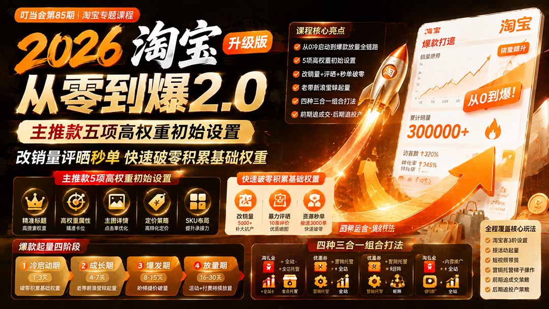 （19742期）2026淘宝从零到爆2.0第85期；主推款五项高权重初始设置，改销量评晒秒单快速破零积累基础权重-九节课