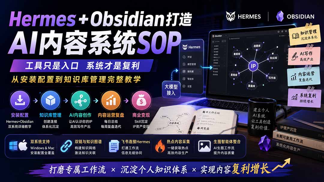 （19861期）Hermes+Obsidian打造AI内容系统SOP；工具只是入口系统才是复利，从安装配置到知识库管理完整教学-九节课