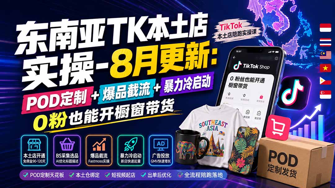 （19963期）东南亚TK本土店实操-8月更新：POD定制+爆品截流+暴力冷启动，0粉也能开橱窗带货-九节课