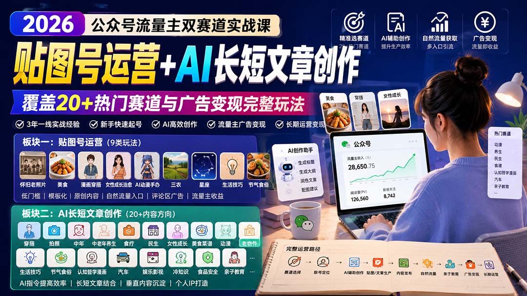 （20153期）公众号流量主双赛道实战课：贴图号运营+AI长短文章创作，覆盖20+热门赛道与广告变现完整玩法-九节课