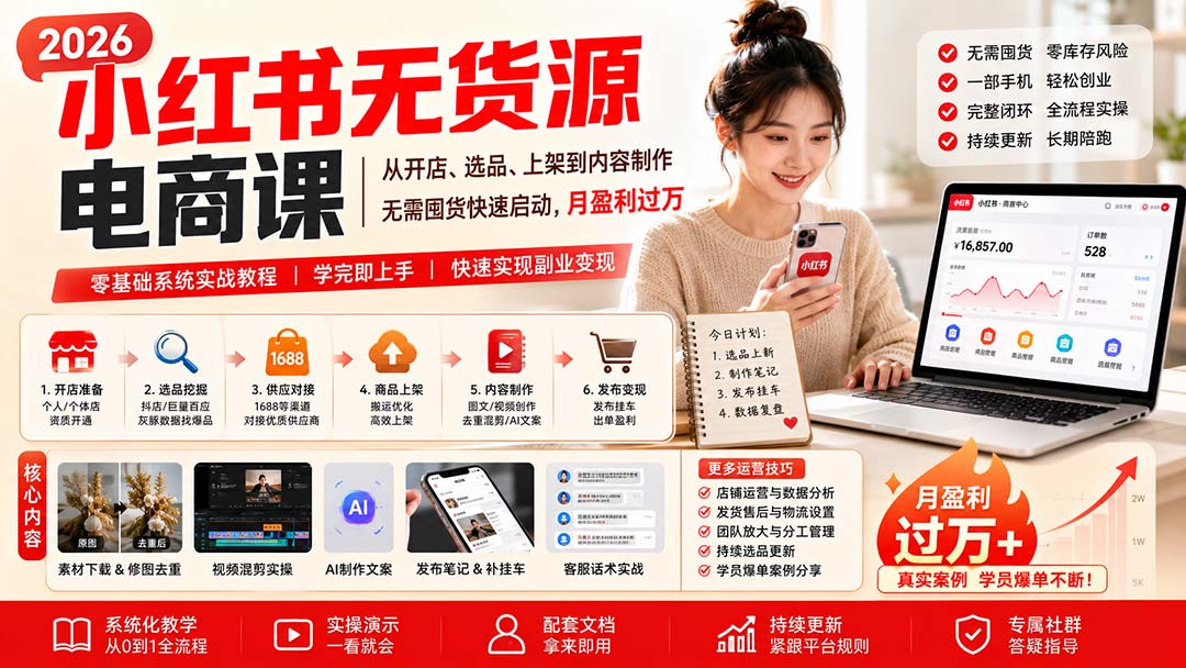 （20154期）小红书无货源电商课(8月30更新)：从开店、选品、上架到内容制作，无需囤货快速启动，月盈利过万-九节课