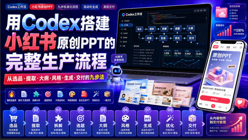 用Codex搭建小红书原创PPT的完整生产流程，从选品·提取·大纲·风格·生成·交付的九步法-九节课