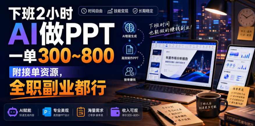 下班2小时AI做PPT，一单300~800，附接单资源，全职副业都行【揭秘】-九节课