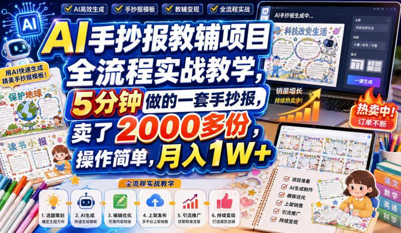 AI手抄报教辅项目全流程实战教学，5分钟做的一套手抄报，卖了2000多份，操作简单，月入1W+-九节课