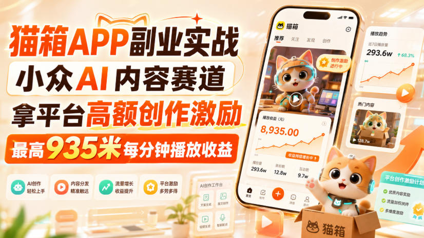 猫箱APP副业实战，小众AI内容赛道，拿平台高额创作激励，最高935米每分钟播放收益-九节课