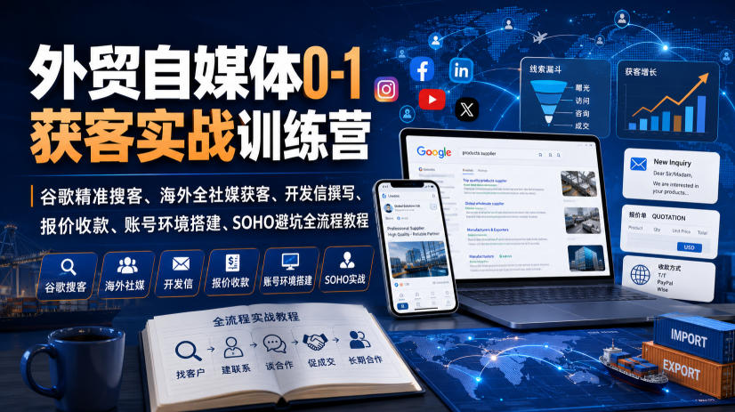 外贸自媒体0-1获客实战训练营｜谷歌精准搜客、海外全社媒获客、开发信撰写、报价收款、账号环境搭建、SOHO避坑全流程教程-九节课