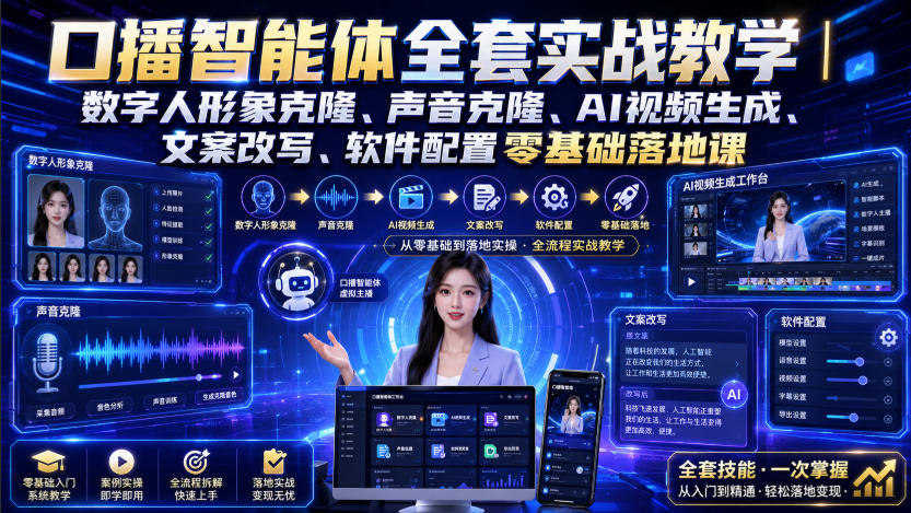 口播智能体全套实战教学｜数字人形象克隆、声音克隆、AI视频生成、文案改写、软件配置零基础落地课-九节课