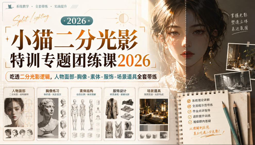 小猫二分光影特训专题团练课2026｜吃透二分光影逻辑，人物面部‑胸像‑素体‑服饰‑场景道具全套带练，高清画质附赠课件与笔刷-九节课