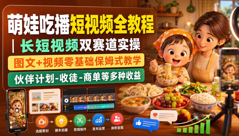 萌娃吃播短视频全教程｜长短视频双赛道实操，图文+视频零基础保姆式教学，伙伴计划-收徒-商单等多种变现方式-九节课