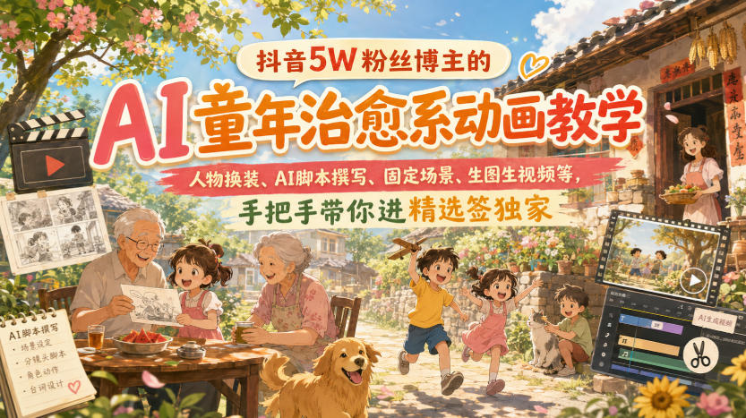 抖音5W粉丝博主的AI童年治愈系动画教学，人物换装、AI脚本撰写、固定场景、生图生视频等，手把手带你进精选签独家-九节课