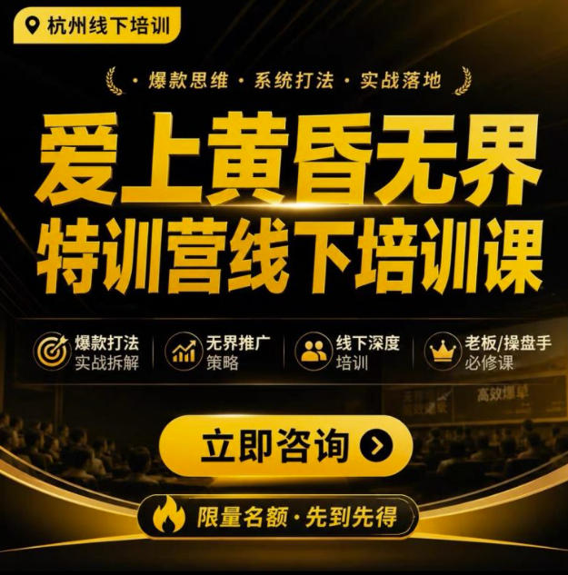 爱上黄昏无界特训营AI推广实战7月27-30杭州线下课，AI落地淘宝最完整的课程，学天猫淘宝的老板必看-九节课