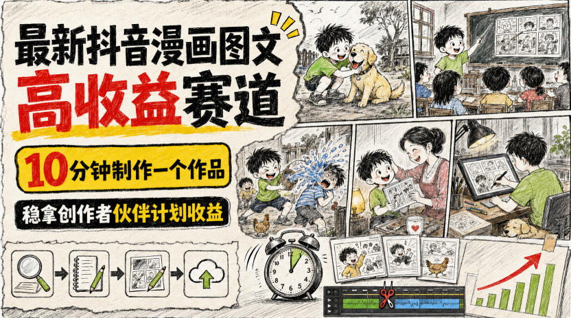 最新抖音漫画图文高收益赛道，10分钟制作一个作品，稳拿创作者伙伴计划收益-九节课