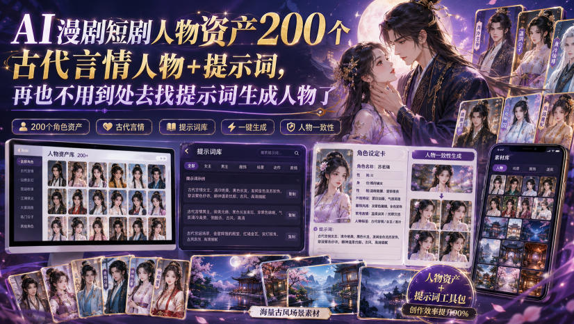 AI漫剧短剧人物资产200个古代言情人物+提示词，再也不用到处去找提示词生成人物了-九节课