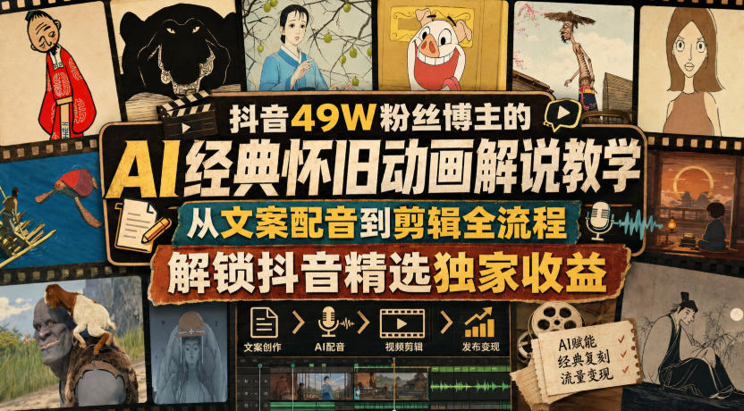 抖音49W粉丝博主的AI经典怀旧动画解说教学，从文案配音到剪辑全流程，解锁抖音精选独家收益-九节课
