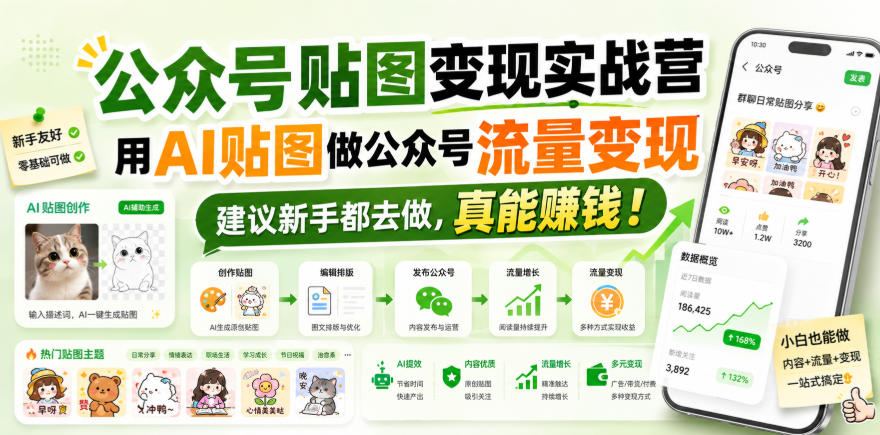 公众号贴图变现实战营，用AI贴图做公众号流量变现，建议新手都去做，真能賺钱！-九节课