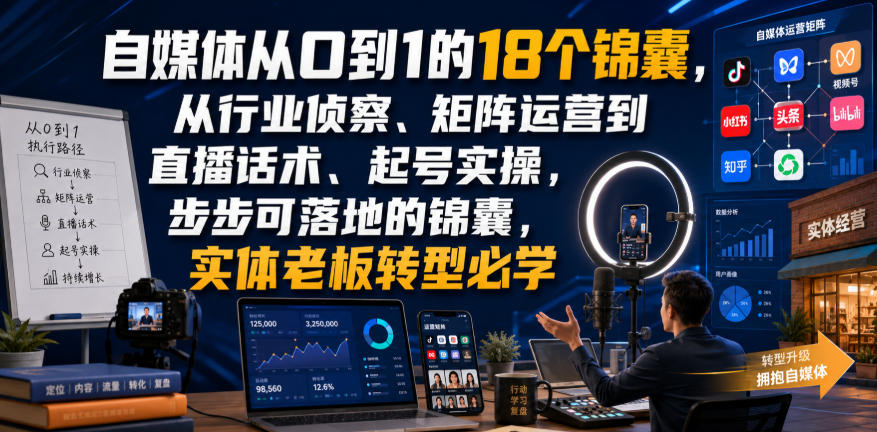 自媒体从0到1的18个锦囊，从行业侦察、矩阵运营到直播话术、起号实操，步步可落地的锦囊，实体老板转型必学-九节课