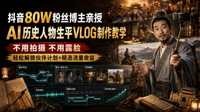 抖音80W粉丝博主的AI历史人物生平VLOG教学，不用拍摄不用露脸，AI帮你搞定，轻松解锁伙伴计划+精选收益-九节课