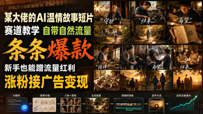 某大佬的AI温情故事短片赛道教学，自带自然流量，条条爆款，新手也能蹭流量红利，涨粉接广告变现-九节课