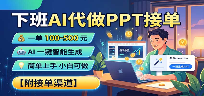下班AI代做PPT接单，一单100-500，AI一键生成，小白也能做，附接单渠道-九节课