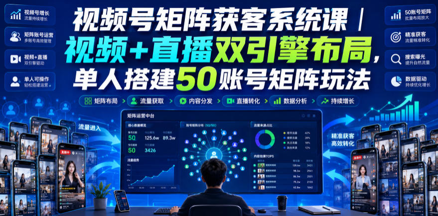 视频号矩阵获客系统课｜视频+直播双引擎布局，单人搭建50账号矩阵玩法，流量入池、搜索占位、全域引流沉淀私域全流程教学-九节课