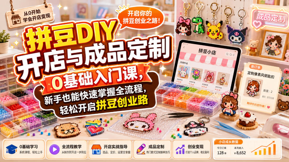 拼豆DIY开店与成品定制0基础入门课，新手也能快速掌握全流程，轻松开启拼豆创业路-九节课