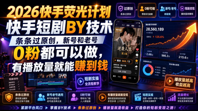 2026快手荧光计划，快手短剧搬运技术，条条过原创，新号和老号0粉都可以做，有播放量就能賺到钱-九节课