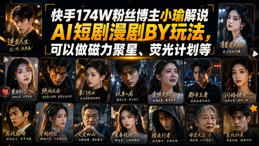 快手174W粉丝博主小瑜解说AI短剧漫剧搬运玩法，可以做磁力聚星、荧光计划等-九节课