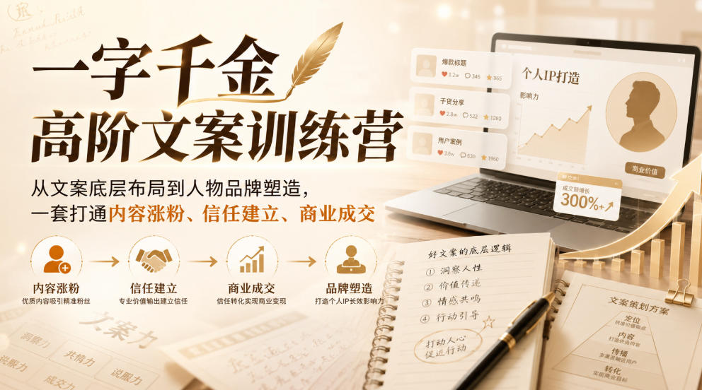 一字千金高阶文案训练营，从文案底层布局到人物品牌塑造，一套打通内容涨粉、信任建立、商业成交-九节课