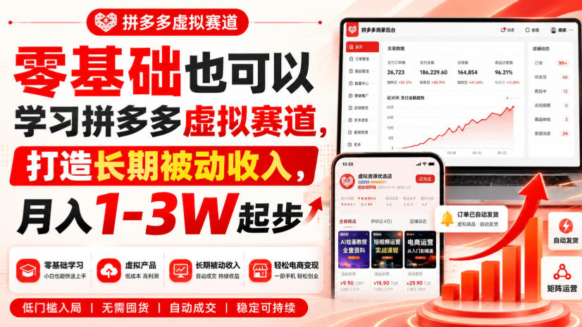 零基础也可以学习拼多多虚拟赛道，打造长期被动收入，月入1-3W起步-九节课