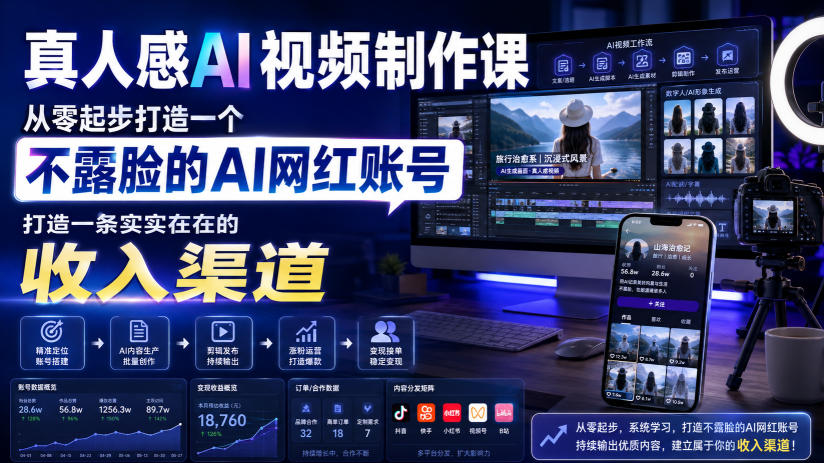 真人感AI视频制作课，从零起步打造一个不露脸的AI网红账号，打造一条实实在在的收入渠道【原创双语字幕】-九节课
