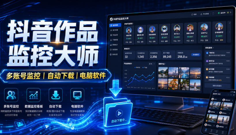 抖音作品监控大师，多账号监控丨自动下载丨电脑软件-九节课