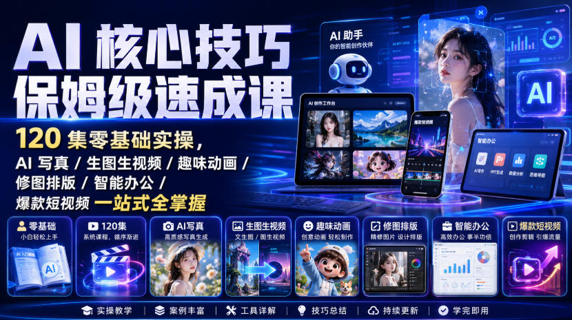 AI核心技巧保姆级速成课｜120集零基础实操，AI写真/生图生视频/趣味动画/修图排版/智能办公/爆款短视频一站式全掌握-九节课