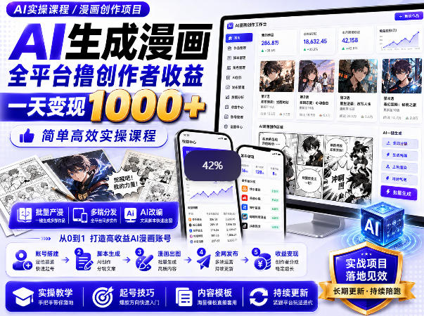 AI生成漫画全平台撸创作者收益内部课程，实操最高单日变现1k+-九节课