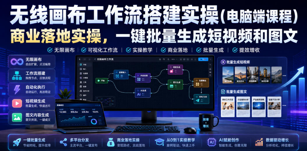 无线画布工作流搭建实操（电脑端课程），商业落地实操，一键批量生成短视频和图文-九节课