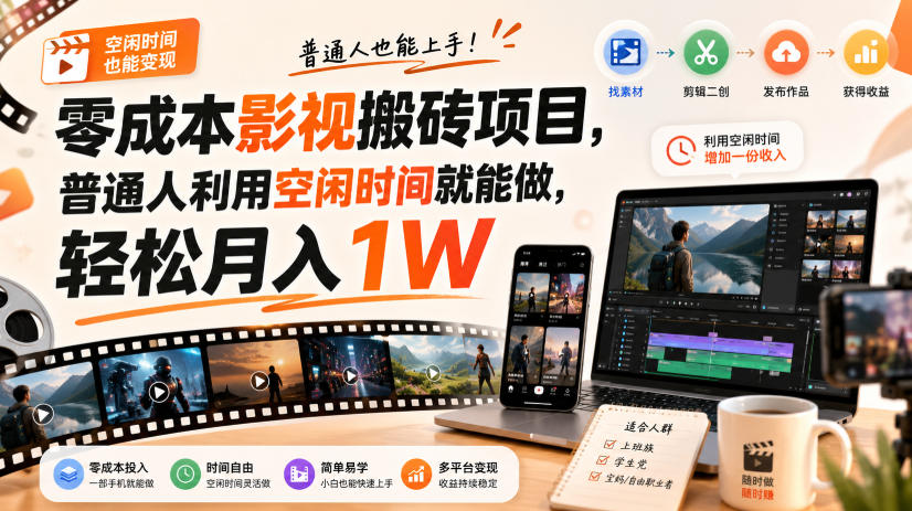 零成本影视搬砖项目，普通人利用空闲时间就能做，轻松月入1W【揭秘】-九节课